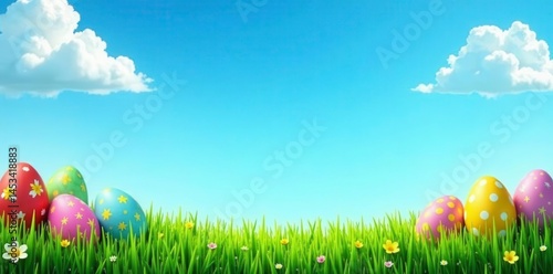 Vibrant green grass border frames colorful Easter eggs against a bright blue sky , field, celebration background, lawn