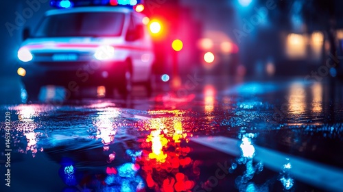 Emergency response in the rain as an ambulance arrives on a wet city street at night