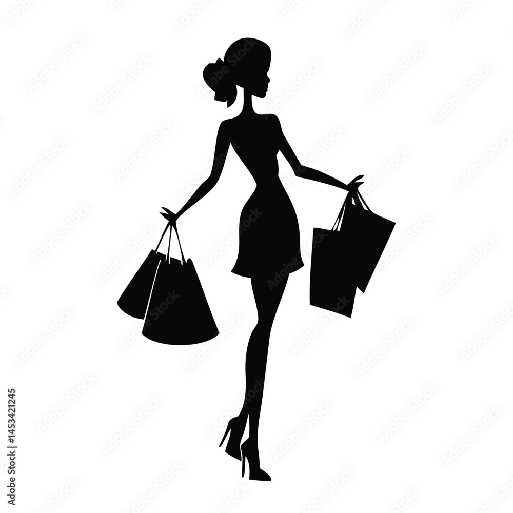 A smiling shopaholic lady and girls, bags in hand, exude happiness after a fashion shopping purchase A smiling shopaholic lady and girls, bags in hand, exude happiness after a fashion shopping purchase