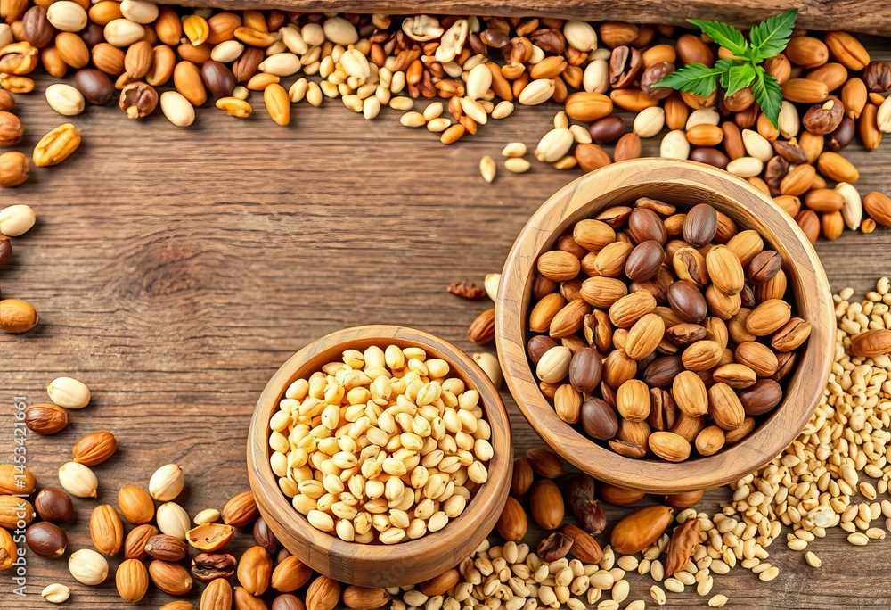 Fototapeta premium Rustic wooden bowls overflowing with various nuts, grains, and seeds; ample empty space, kitchen, food