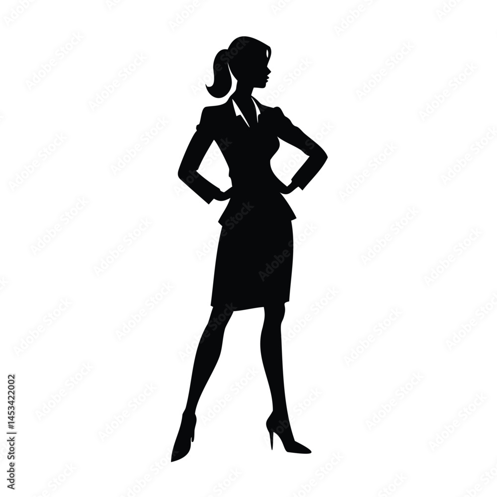 Fototapeta premium A brunette businesswoman silhouette in a black dress, a beautiful lady posing in a studio