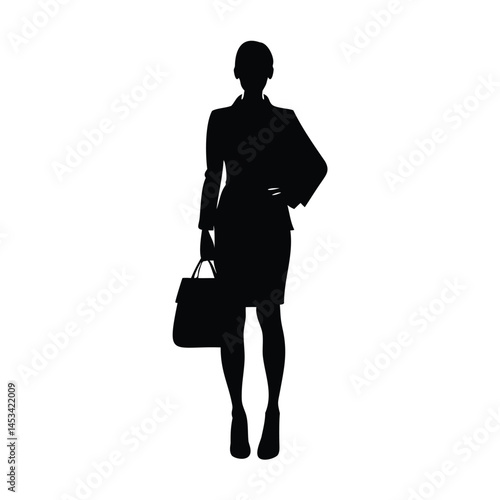 A black silhouette of a businesswoman with a suitcase stands with her back to us, ready for business travel