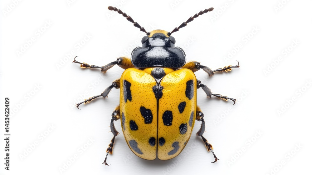 Fototapeta premium Yellow Beetle with Black Spots on White Background