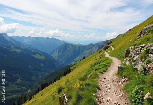 Narrow mountain footpath, winding through Polish Tatra peaks, lush green vegetation, mountains, descent