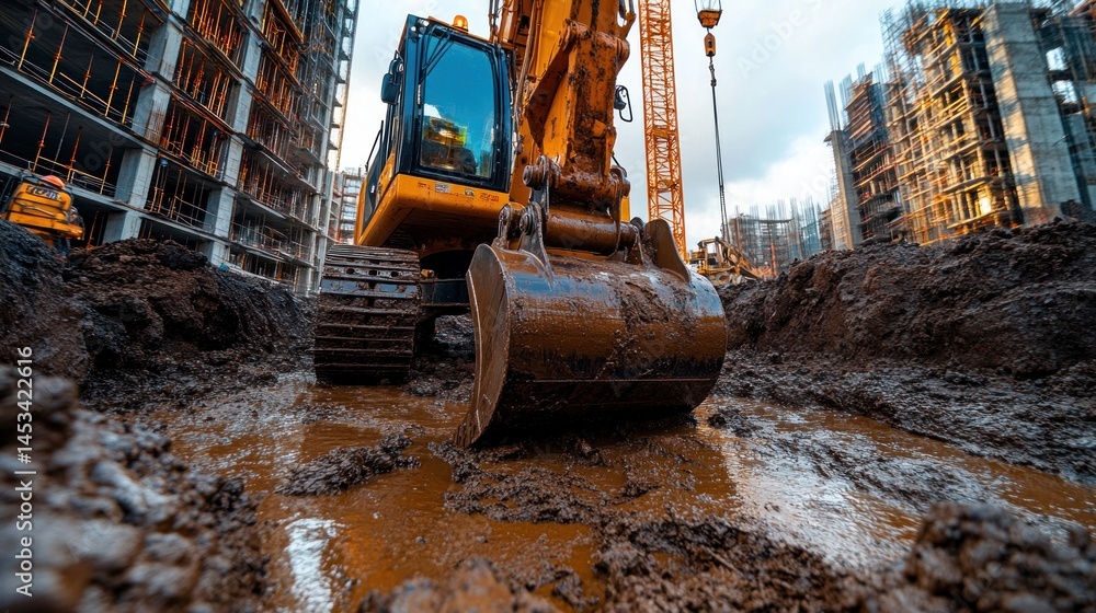 Excavator in Mud at Construction Site Excavator in Mud at Construction Site