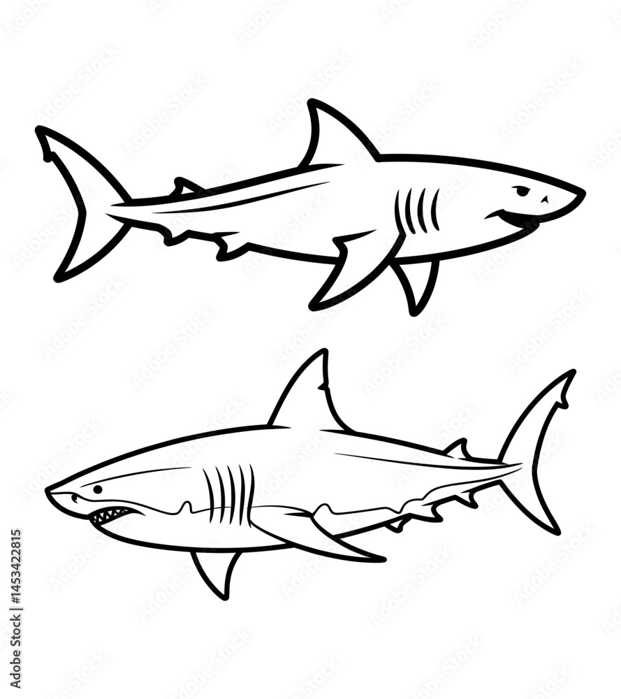 Obraz premium Black and White Shark Illustration Side View Simple Line Art of Ocean Predator with Streamlined Body and Fins in Minimalist Style for Educational and Scientific Marine Wildlife Themes