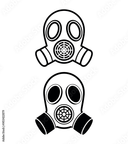 Black and White Gas Mask Illustration Featuring Symmetrical Design and Industrial Style for Apocalyptic Safety and Military Biohazard Protection