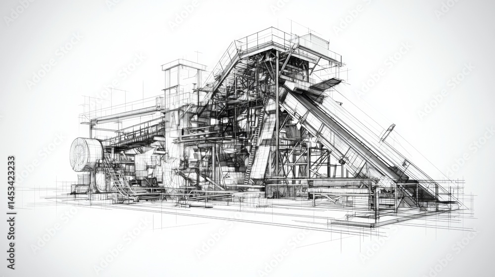 Obraz premium Industrial machinery design sketch showcasing a complex conveyor system and processing equipment in a manufacturing setting