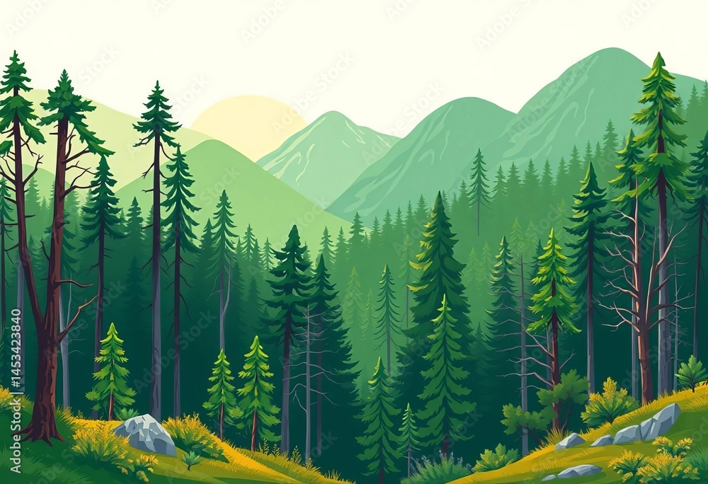 Fototapeta premium Layered vector illustration of a seamless forest landscape, ideal for hiking and outdoor themes, vector, spring