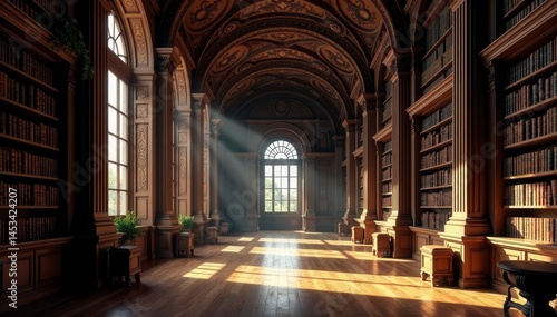 Grand hall  towering bookshelves  intricate carvings  hall  history  vintage