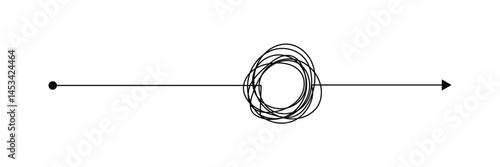 Untangling lines with arrow - continuous flowing thread that twists and turns. Tangled disorder turns into order line. Set tangled arrows, simple double oval and heart arrow in eps 10.