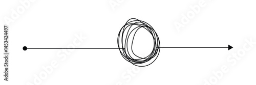Untangling lines with arrow - continuous flowing thread that twists and turns. Tangled disorder turns into order line. Set tangled arrows, simple double oval and heart arrow in eps 10.