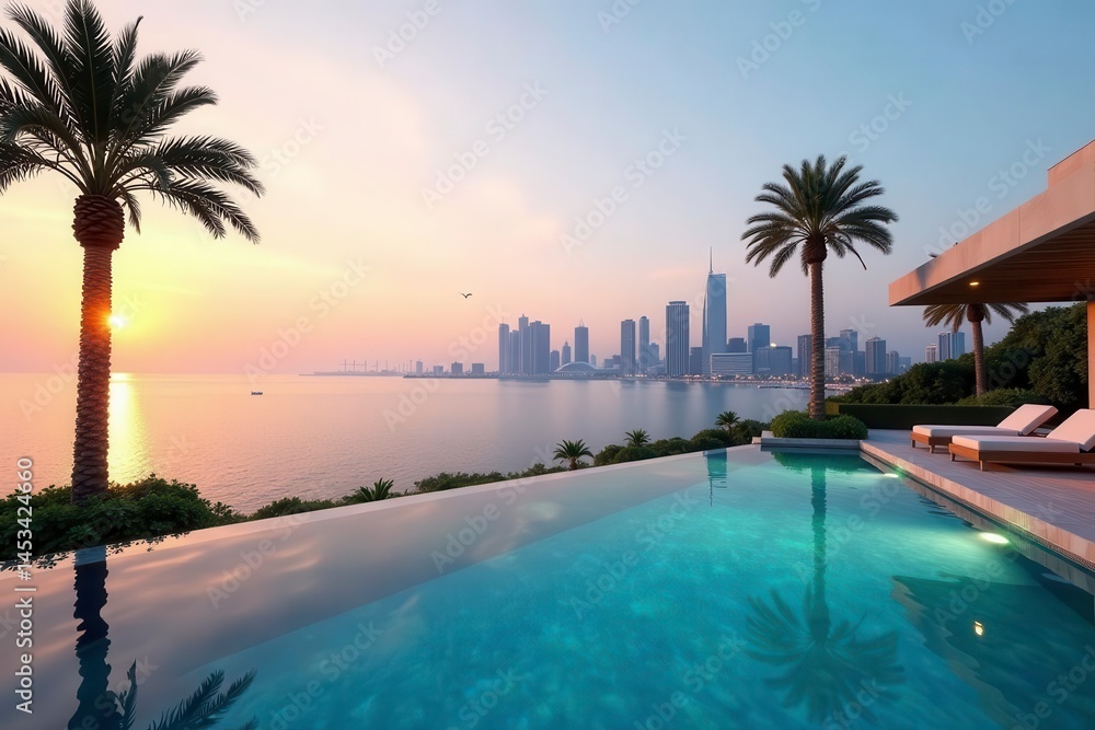 Obraz premium Infinity pool, Dubai skyline vista, Palm villa luxury, high rise, sleek, palm