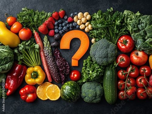 Colorful assortment of fresh produce with a question mark.