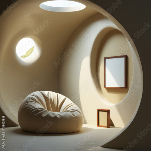 Mockup poster frame in futuristic minimal reading nook with cozy bean bag and curved architecture design