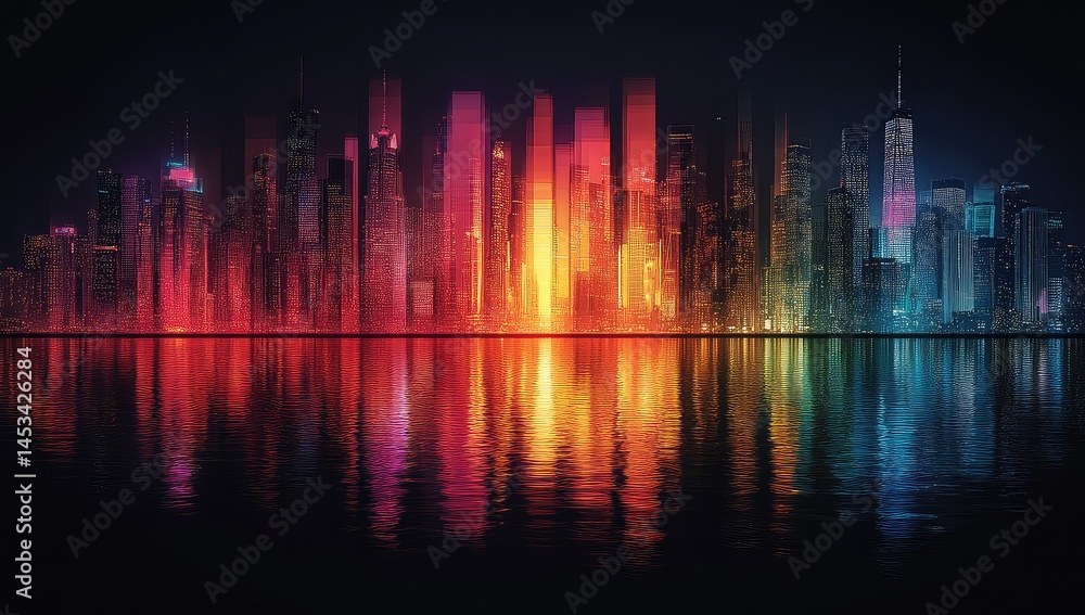 Neon Cityscape Night Reflection. Neon Cityscape Night Reflection.