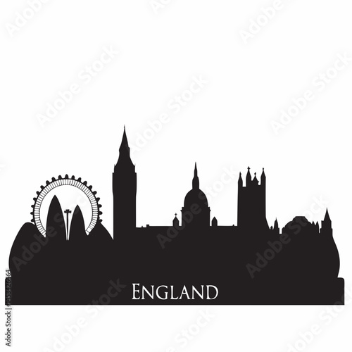 Iconic England skyline silhouette featuring London Eye Big Ben Houses of Parliament St Paul s Cathedral in bold black