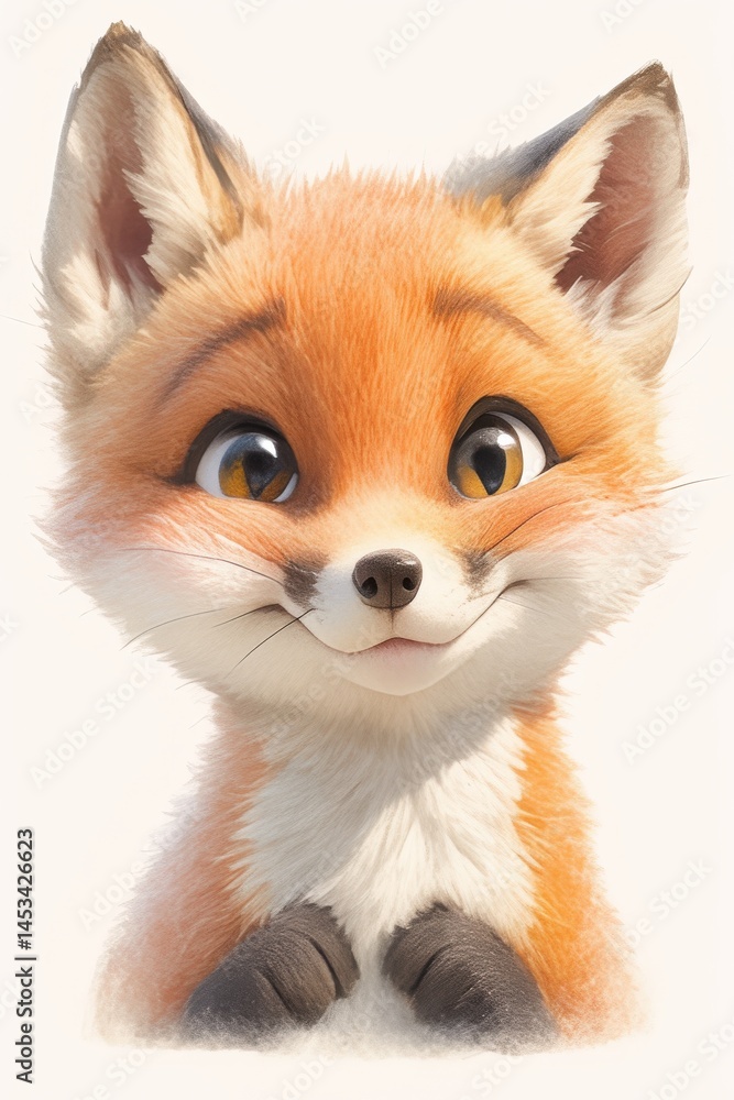 Fototapeta premium Cute fox portrait with big eyes and small paws, against a bright background
