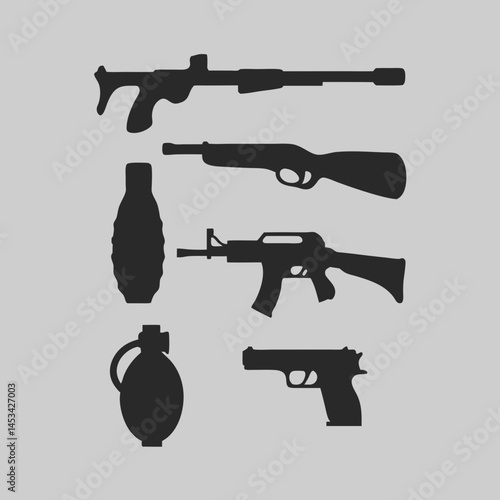 Silhouettes of assault rifles shotguns handguns and grenades stark black shapes against a grey background Simple