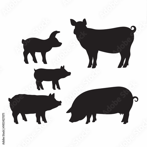 Four pig silhouettes adult pigs piglet and a smaller pig bold black shapes against a white background Simple farm animal