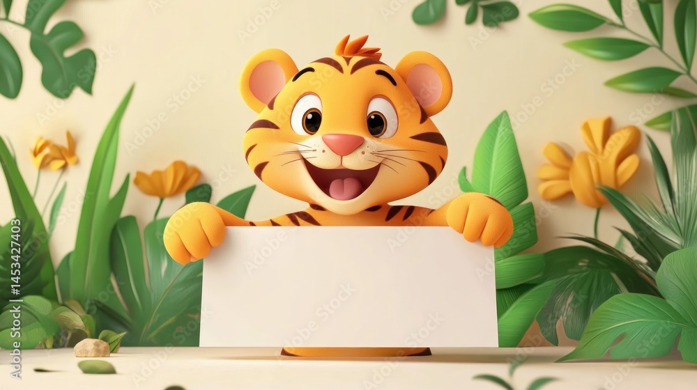 Cute tiger holding blank sign in jungle setting Cute tiger holding blank sign in jungle setting
