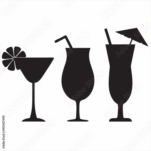 Three stylish cocktail silhouettes martini hurricane and highball glasses perfect for summer drinks menu bar restaurant