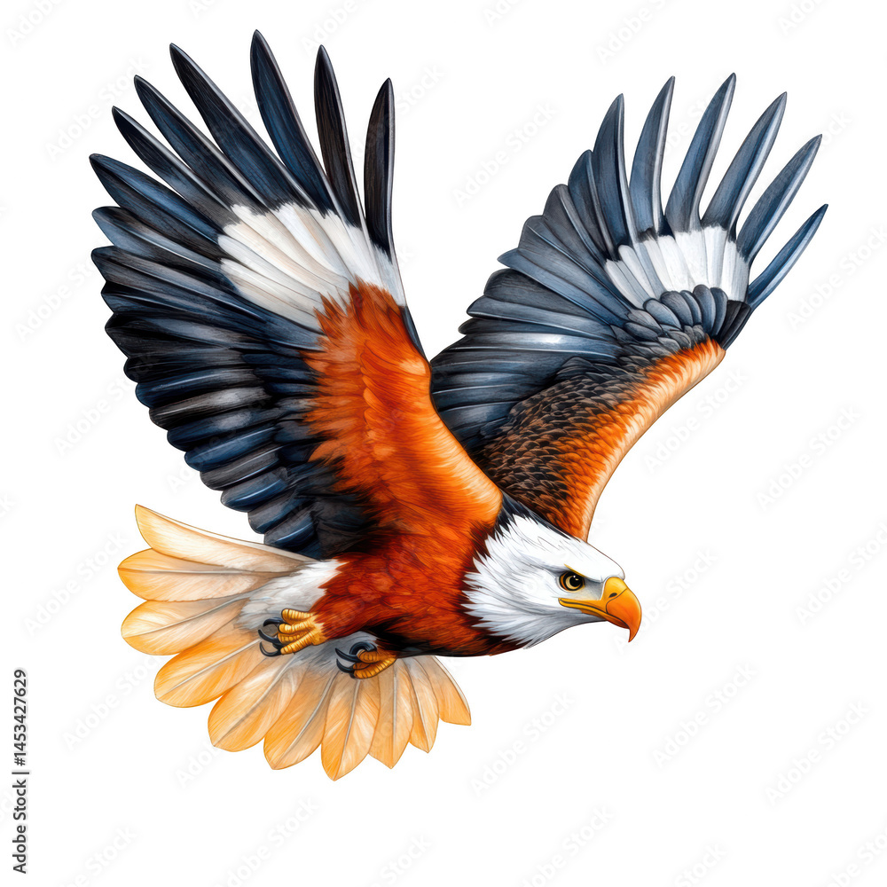 Fototapeta premium Flying eagle with spread wings and sharp eyes showing powerful and dynamic motion in sky