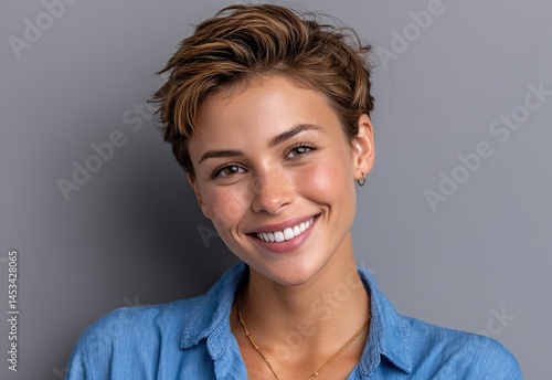Portrait of a smiling, short-haired woman in a blue shirt against a grey background