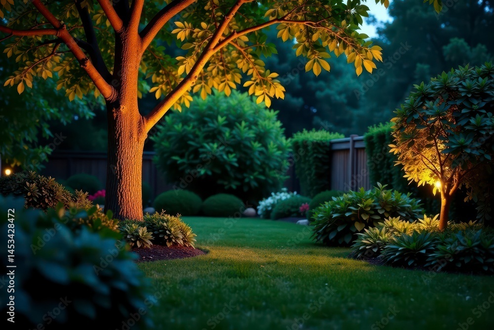 Fototapeta premium Subtle uplighting highlights backyard trees and shrubs, subtle, trees