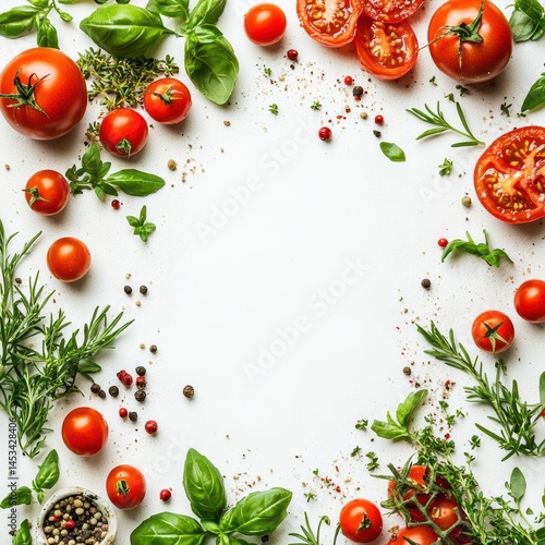 Fresh tomato and basil arrangement for culinary inspiration food photography studio bright aesthetic