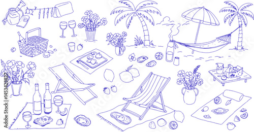A hand-drawn summer illustration in blue tones featuring tropical plants, beach umbrella, hammock, sailboat, fruit, wine glasses, and seaside symbols evoking relaxation, fun, and summer vibes.