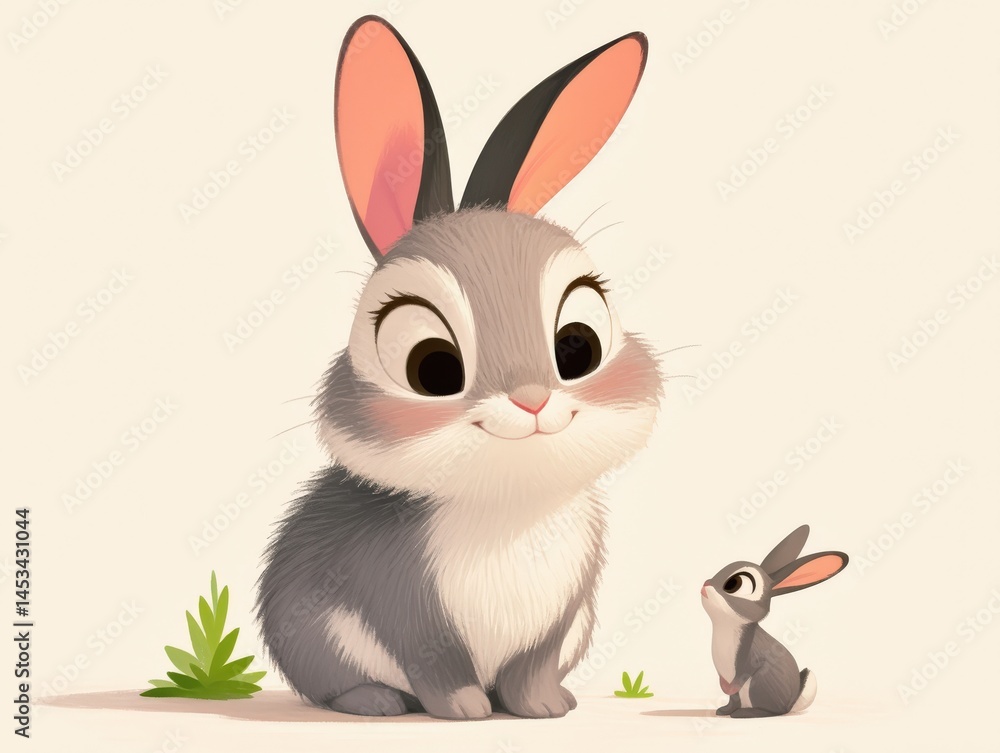 Obraz premium Cute gray rabbit and small bunny stand on a plain background with grass