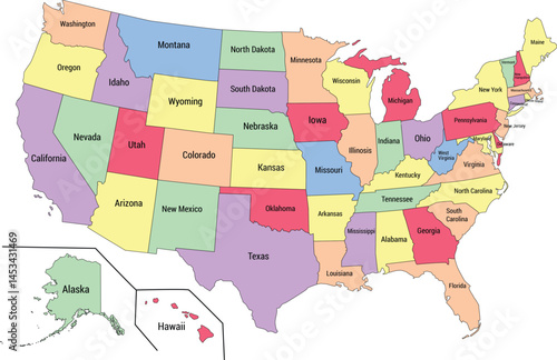 US states map with names.(Editable text and stroke)