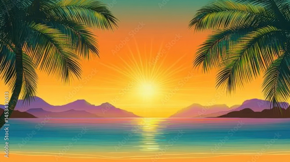 Fototapeta premium Tropical beach sunset with palm trees and mountains