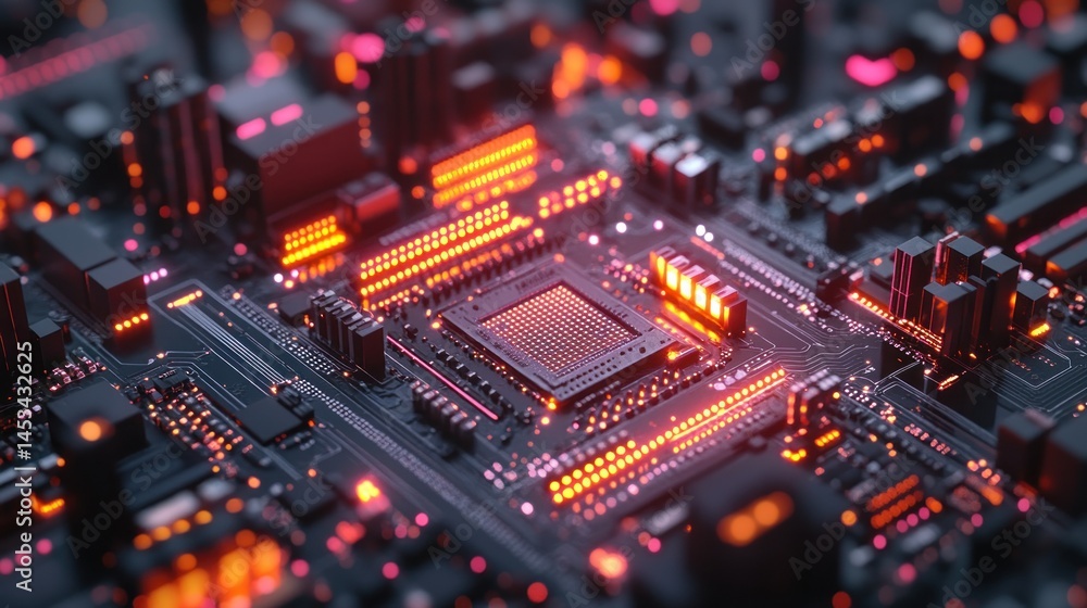 Detailed close-up of a glowing circuit board Detailed close-up of a glowing circuit board