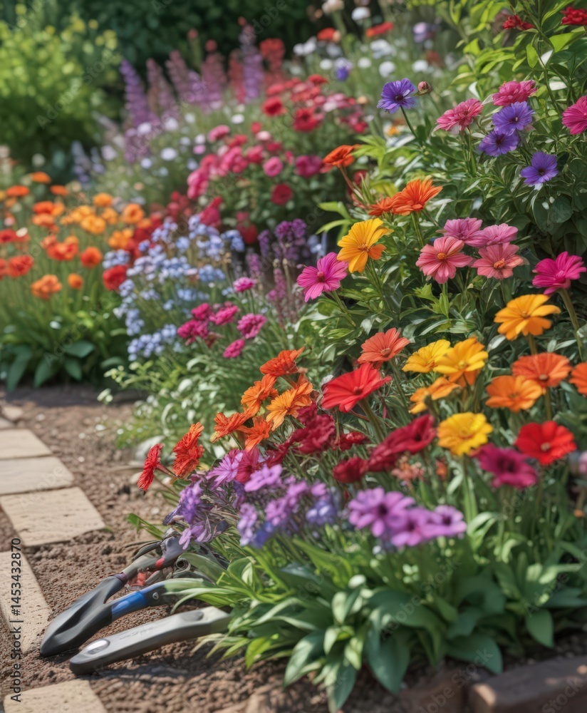 Naklejka premium Close-up of vibrant flowers in a garden bed with gardening tools nearby, shovel, tools