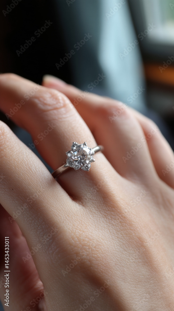 Elegant diamond ring in platinum setting on hand, showcasing intricate design and sparkling brilliance Elegant diamond ring in platinum setting on hand, showcasing intricate design and sparkling brilliance