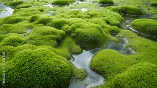 Close-up of Green Moss Growing in Water – Natural Texture and Eco Background, green moss covered with moss