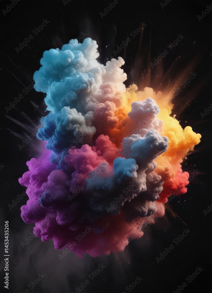 Fototapeta premium Multi-hued powder cloud explodes on black; intense motion , backdrop, burst, vibrant