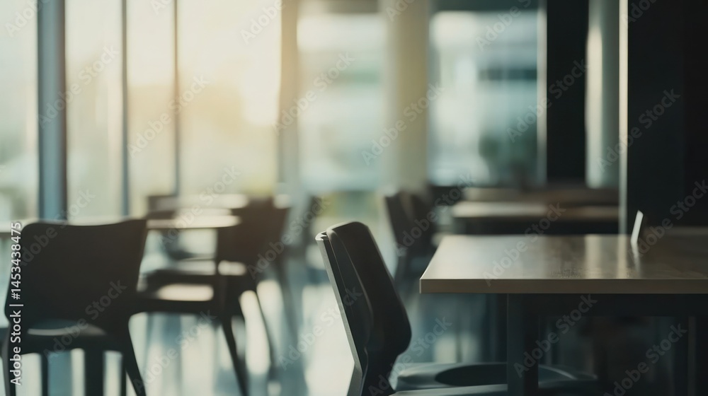 Modern workspace with empty desks and chairs, bright office interior. Modern workspace with empty desks and chairs, bright office interior.