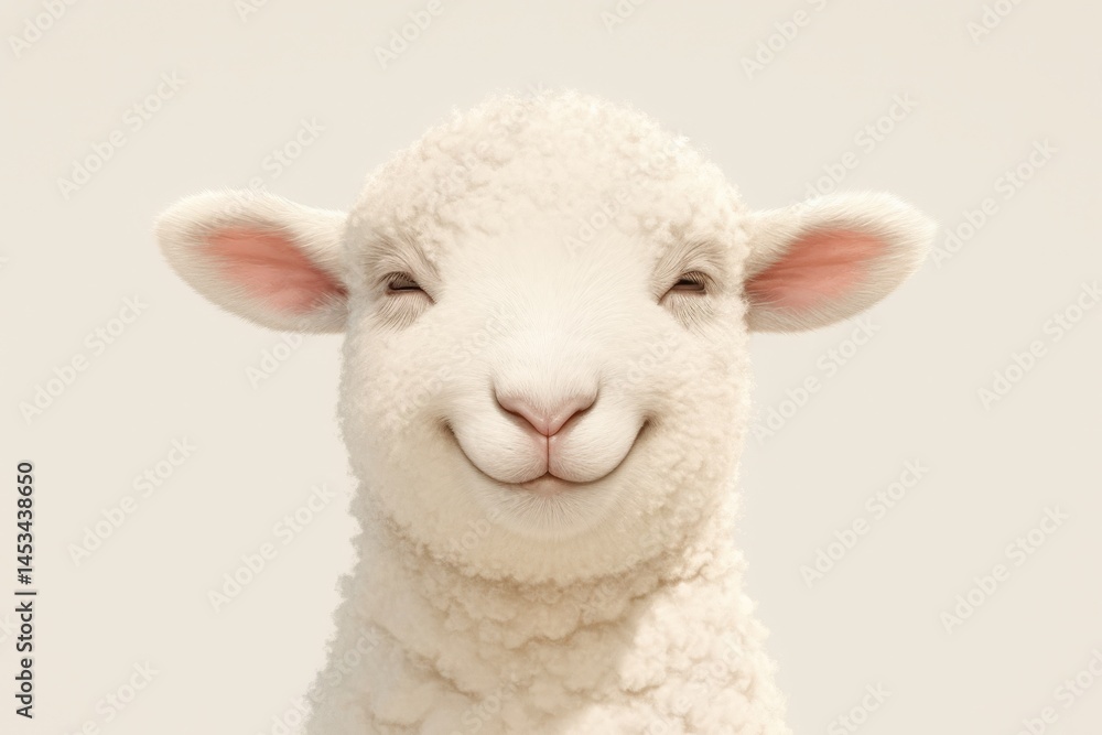 Fototapeta premium Cute lamb portrait with a gentle smile, soft fur, and a light background