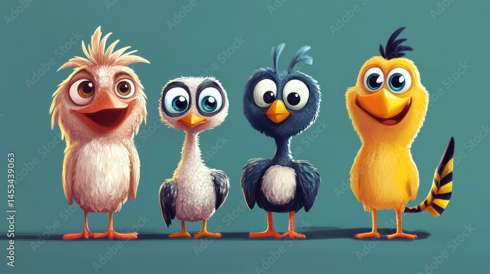 Obraz premium Four cute cartoon birds