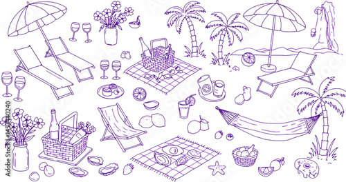  A hand-drawn summer illustration in blue tones featuring tropical plants, beach umbrella, hammock, sailboat, fruit, wine glasses, and seaside symbols evoking relaxation, fun, and summer vibes.