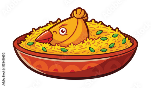 Cartoon chicken hiding in a bowl of rice
