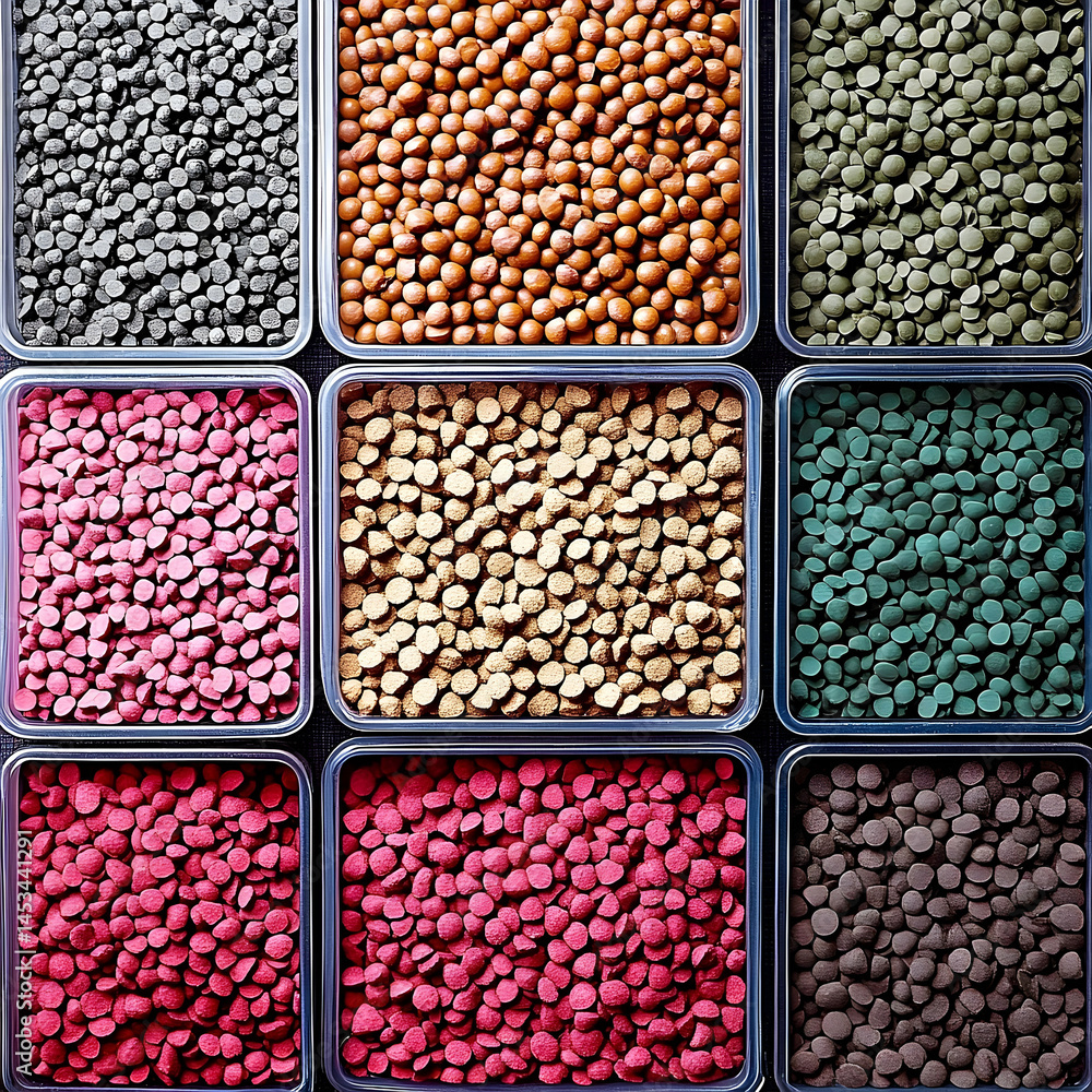 Arrangement of colorful circular objects in square containers displaying variety and texture Arrangement of colorful circular objects in square containers displaying variety and texture