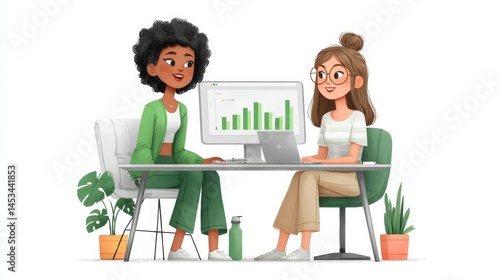 Two Women Collaborating on Digital Project with Charts and Plants