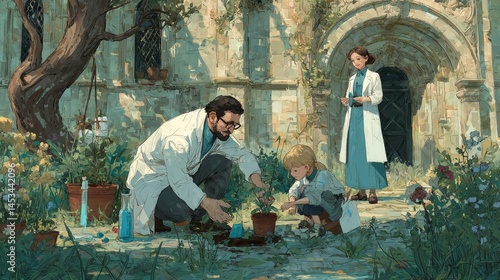 Scientists Nurturing Plants in a Lush Garden Environment