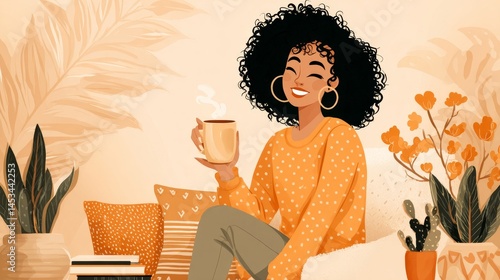 Happy Woman Enjoying Coffee in Cozy Indoor Space with Plants