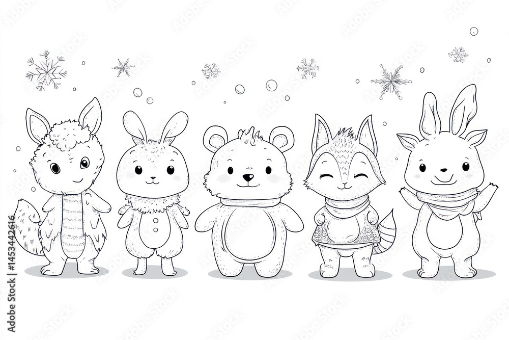Cute cartoon animals in winter wear, ready for coloring. Four furry creatures, a fox, a bear, a rabbit, and a raccoon, are dressed in cozy winter outfits. Snowflakes surround them Cute cartoon animals in winter wear, ready for coloring. Four furry creatures, a fox, a bear, a rabbit, and a raccoon, are dressed in cozy winter outfits. Snowflakes surround them