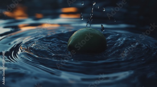 Water splashing on a lime in a calm body of water at sunset nature photography serenity concept